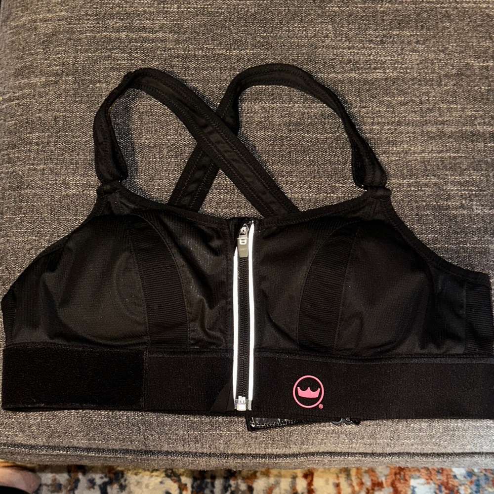 SHEFIT Black Sports Bra with Pink Logo and Front Zipper